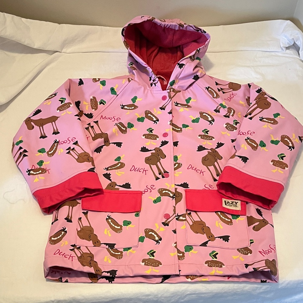 Lazy One Pink Raincoat with Moose and Duck Print, size 7